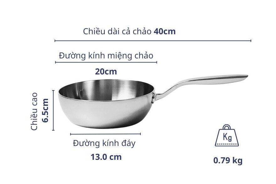 Chảo đúc inox sâu lòng 3 lớp đáy liền Tri-Ply Kaiyo KIW20 size 20cm QH241457